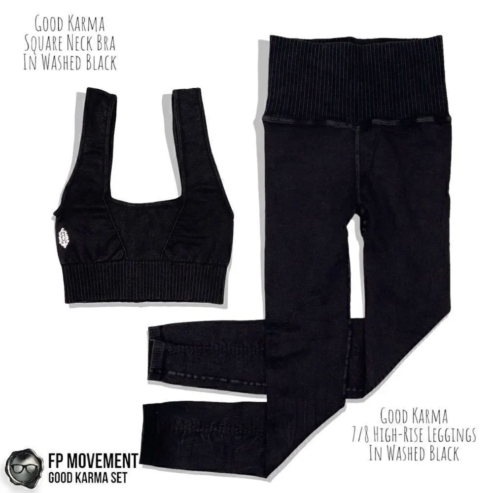 FP MOVEMENT GOOD KARMA SET: SQUARE NECK BRA + HIGH-RISE LEGGINGS IN WASHED BLACK - Picture 16 of 16